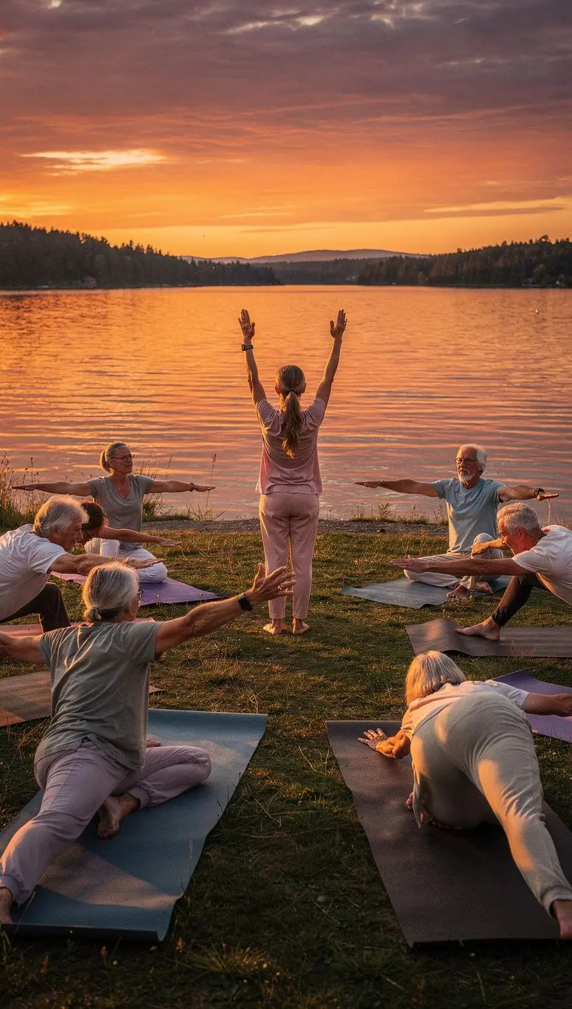 Idősebb nő, aki élvezi a virtuális edzést egy közösségi platformon.